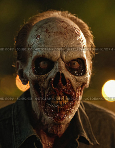 In dim light, a gruesome zombie man stares menacingly, with tattered flesh, sunken eyes, and a chilling smile that sparks terror and intrigue Generative AI. Стоковое AI-изображение, AI-художник Юлия Петровская / Фотобанк Лори