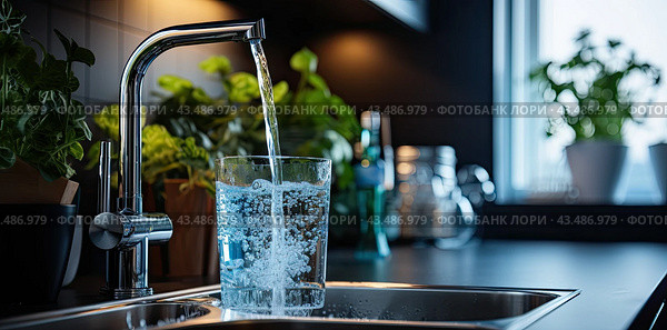 In the kitchen, water flows from a tap into a glass glass nearby, a stream of water fills the cup. Стоковое AI-изображение, AI-художник Ярославский Максим / Фотобанк Лори