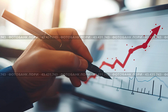 Increased profits. Benchmarking. Businessman analyzes profitability of working companies with digital augmented reality graphics, positive indicators, growing up graph and charts, colorful arrows. Стоковое AI-изображение, AI-художник Марина Демидюк / Фотобанк Лори