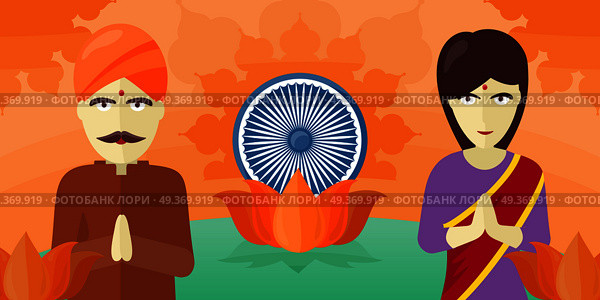 India tourism poster. India landmark. Indians in traditional dress on the background of lotus sign. Ashoka wheel. Travel around India. India travel poster design. Travel composition. Time to travel.. India Travel Poster. Стоковая иллюстрация, агентство Ingram Publishing / Фотобанк Лори
