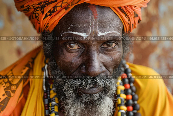 Indian sadhu wearing orange turban and colorful necklace looking at camera. Стоковое AI-изображение, AI-художник Иван Рябоконь / Фотобанк Лори