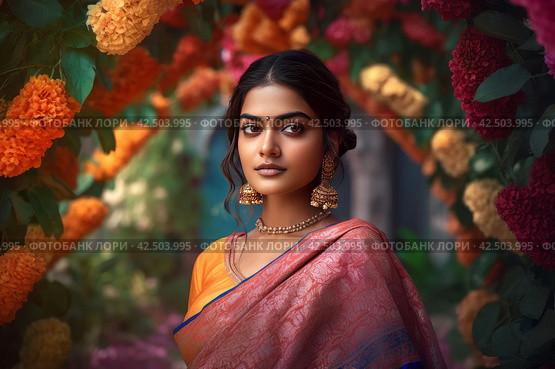 Indian traditional super model in floral botany garden. Generate ai. Стоковое AI-изображение, AI-художник Иван Рябоконь / Фотобанк Лори