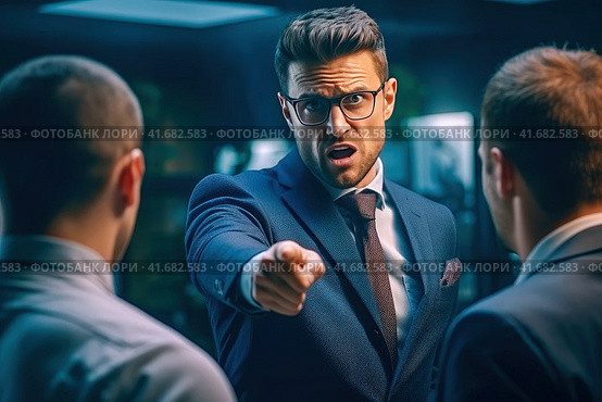 Indignant angry manager expresses his displeasure to colleagues during an office meeting. Стоковое AI-изображение, AI-художник Юрий Поздников / Фотобанк Лори