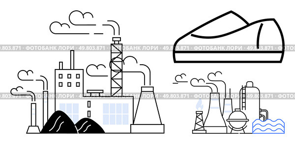 Industrial buildings and factory smoke stacks, coal heaps, and a docked steamer with trailing smoke. Ideal for environment, energy, industry, pollution, transportation, urban planning, manufacturing. Industrial factories with emitting smoke, steamer docked at port, and aligned clouds symbolizing pollution. Стоковая иллюстрация, агентство Ingram Publishing / Фотобанк Лори