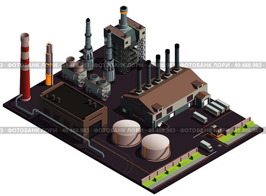 Industrial buildings isometric composition with plant area scenery factory facilities huge fabric buildings and transport units vector illustration. Стоковая иллюстрация, агентство Ingram Publishing / Фотобанк Лори