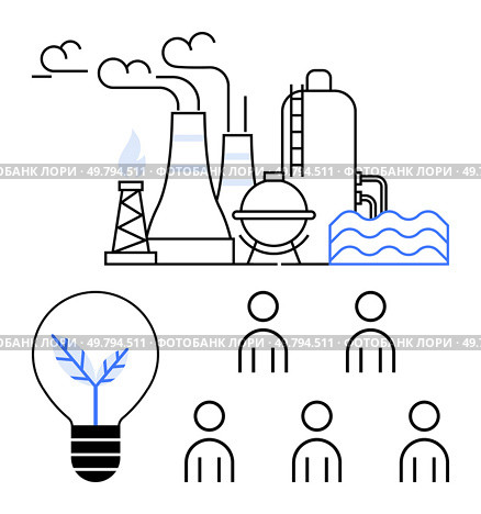 Industrial complex with chimneys and tanks, eco-friendly light bulb, human figures. Ideal for themes sustainability, innovation, green energy, community, industry, collaboration, future development. Sustainable Industry with Green Innovation and Community Involvement for Future Development. Стоковая иллюстрация, агентство Ingram Publishing / Фотобанк Лори