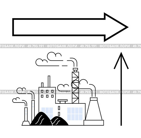 Industrial factory emitting smoke from stacks, accompanied by thick arrows pointing right and upwards. Ideal for economic growth, industrial development, direction, progress, manufacturing. Industrial factory with smoke stacks and direction arrows indicating progress and growth. Стоковая иллюстрация, агентство Ingram Publishing / Фотобанк Лори