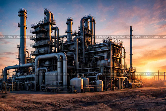 Industrial factory with furnace and heat exchanger cracking hydrocarbons, sunset. Equipment petrochemical plant. Manufacturing and industry technology concept. Gen ai illustration. Copy ad text space. Стоковое AI-изображение, AI-художник Aleksandr Golubev / Фотобанк Лори