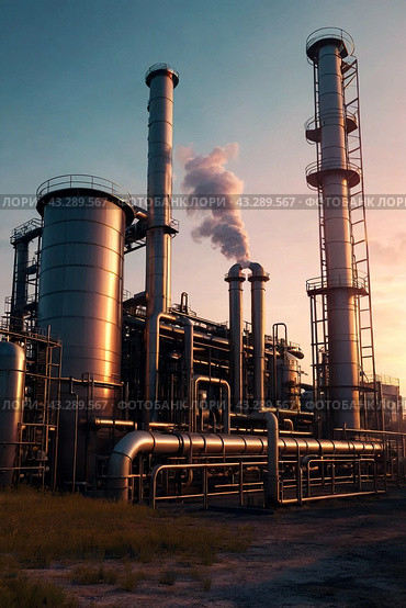 Industrial factory with furnace and heat exchanger cracking hydrocarbons, sunset. Equipment petrochemical plant. Manufacturing and industry technology concept. Gen ai illustration. Copy ad text space. Стоковое AI-изображение, AI-художник Aleksandr Golubev / Фотобанк Лори