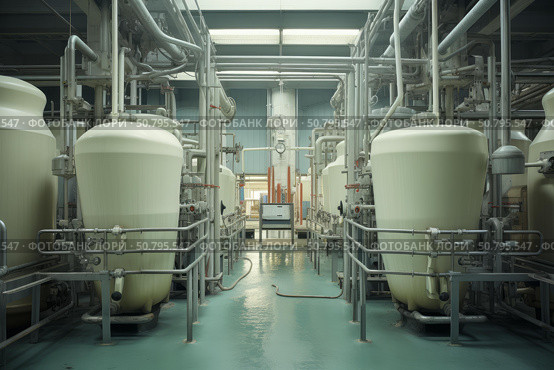 Industrial water treatment plant with storage tanks and piping system. Стоковое AI-изображение, AI-художник Иван Рябоконь / Фотобанк Лори
