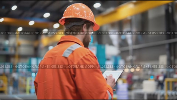 Industrial worker conducts safety inspection in manufacturing facility during daytime hours. Стоковое AI-видео, аниматор Сергей Толмачёв / Фотобанк Лори