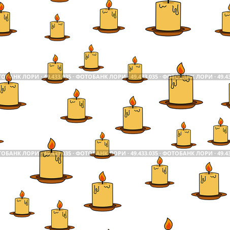 Inflamed candles seamless pattern. Thick wax or paraffin candle with lit wick on plate flat vector on white background. Ancient lighting illustration for wrapping paper, prints on fabric. Стоковая иллюстрация, агентство Ingram Publishing / Фотобанк Лори