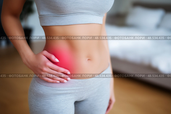 Inflammation of appendicitis, menstrual pain, woman with stomachache suffering from pms at home, endometriosis, cystitis and other diseases of the urinary system. Стоковое AI-изображение, AI-художник Станислав Тарко / Фотобанк Лори