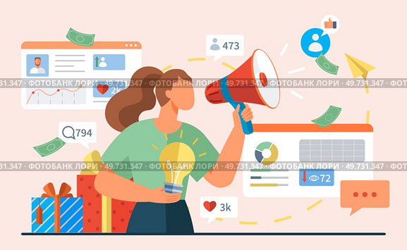 Influencer. Vector illustration. Referring to popular trends and topics is common strategy among influencers Broadcasting their message through different media channels is essential for influencers. Influencer. Influencers often achieve remarkable success through their dedication and hard work. Стоковое фото, агентство Ingram Publishing / Фотобанк Лори