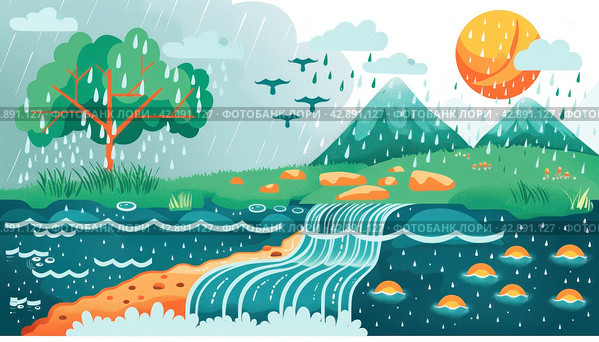 Infographic: A Graphic Representation of the Water Cycle in Nature. Стоковое AI-изображение, AI-художник Юрий Поздников / Фотобанк Лори