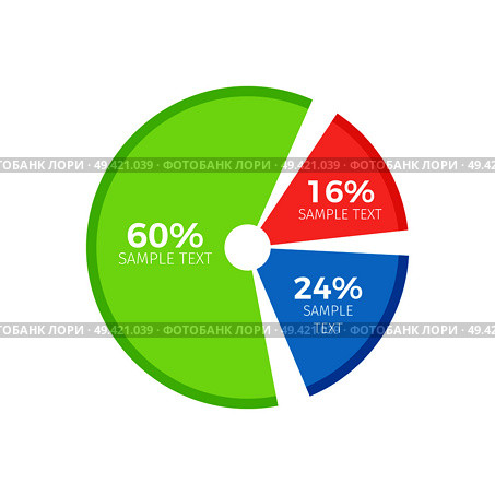 Infographic pie divided in three parts showing percent ratio correlation between part of circular inforchart vector illustration isolated on white. Infographic Pie Divide in Parts Show Percent Ratio. Стоковая иллюстрация, агентство Ingram Publishing / Фотобанк Лори
