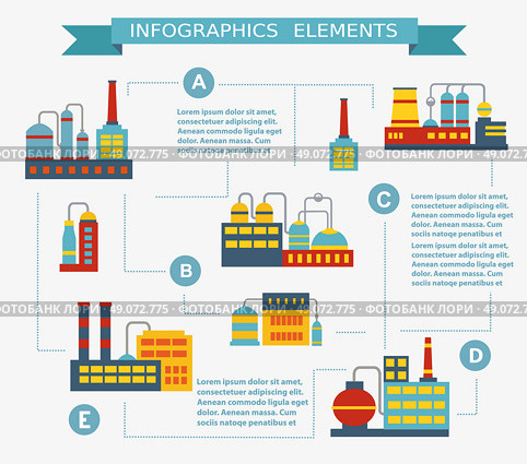 Infographic vector Set of industrial buildings. Boiler building. Power building. Warehouses building. Factories building. The substation building. Buildings urban industrial buildings. Стоковая иллюстрация, агентство Ingram Publishing / Фотобанк Лори