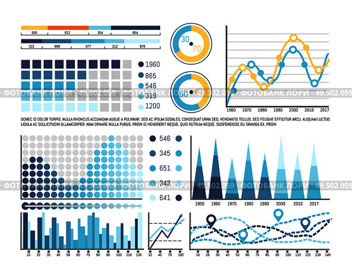 Infographic with timeline and numbers information vector. Schemes with percentage on pie diagram, charts with pointer and location signs, flowcharts. Infographic with Timeline and Numbers Information. Стоковая иллюстрация, агентство Ingram Publishing / Фотобанк Лори