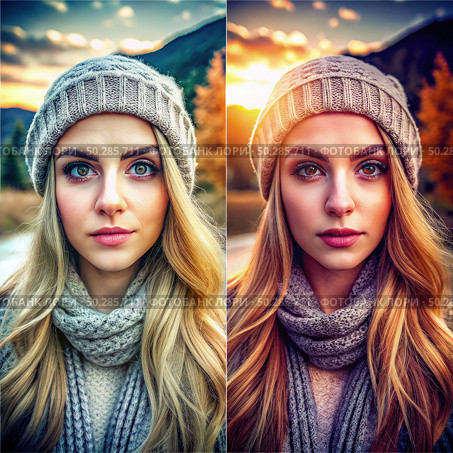 Ingram Filter Comparison: Before and After Photo of Young Woman in Winter Apparel. Generative AI. Стоковое AI-изображение, AI-художник Roman Zavorotny / Фотобанк Лори