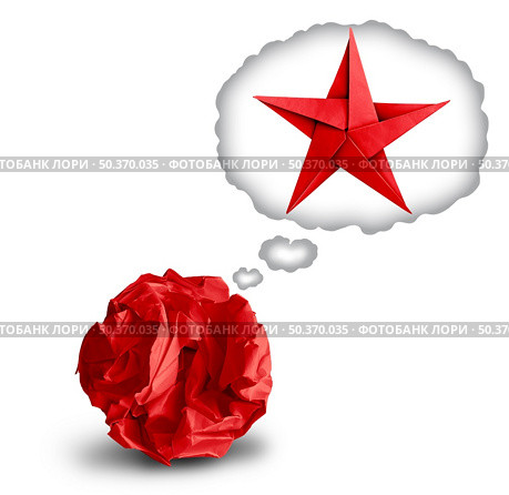 Inner potential mindset concept and dream big idea or motivational idea or business development as a crumpled paper dreaming to become a geometric origami star in a 3D illustration style. Стоковое фото, агентство Ingram Publishing / Фотобанк Лори