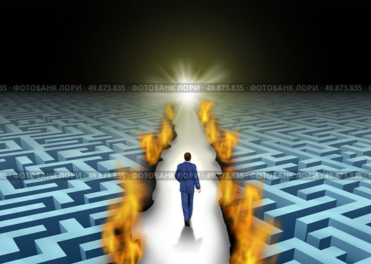 Innovative leadership and trail blazing or trailblazing business concept with a businessman walking through a maze or labyrinth that is open due to a burning path as a symbol of creative solutions. Стоковое фото, агентство Ingram Publishing / Фотобанк Лори