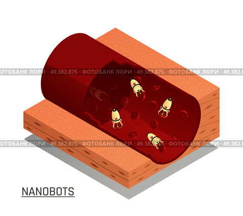 Innovative nanotechnology medical tests diagnostics and treatments with nanorobots flowing through blood vessel isometric composition vector illustration  . Nanorobots Blood Vessel Isometric Composition . Стоковая иллюстрация, агентство Ingram Publishing / Фотобанк Лори