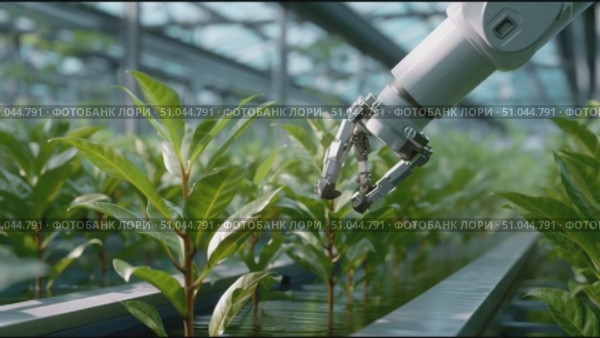 Innovative robot tending to plants in a modern greenhouse during daytime. Стоковое AI-видео, аниматор Сергей Толмачёв / Фотобанк Лори