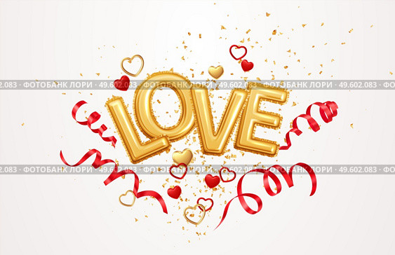Inscription love helium balloons on a background of golden confetti and red swirling streamer ribbons Happy Valentines Day festive background. Vector illustration EPS10. Inscription love helium balloons on a background of golden confetti and red swirling streamer ribbons Happy Valentines Day festive background. Vector illustration. Стоковая иллюстрация, агентство Ingram Publishing / Фотобанк Лори