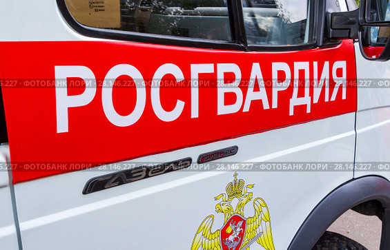 Inscription "Rosgvardia" and emblem of the troops of the National Guard of the Russian Federation on the board of car (2017 год). Редакционное фото, фотограф FotograFF / Фотобанк Лори