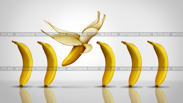 Inspiration and motivation concept as a group of generic bananas with one individual banana flying away as a symbol for individuality and disrupting the system or ED and erectile dysfunction. Стоковое фото, агентство Ingram Publishing / Фотобанк Лори