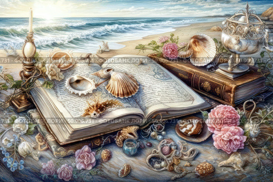 Inspiring fantasy still life: an old book decorated with seashells, pearls, flowers and ancient artifacts, located against the background of a seascape. Ocean waves, pink dawn, candle, sand and exotic objects create an atmosphere of magic, mystery and dreams. Perfect for themes of inspiration, writing, travel, sea tales and magic. Стоковое AI-изображение, AI-художник Анна Кривицкая / Фотобанк Лори