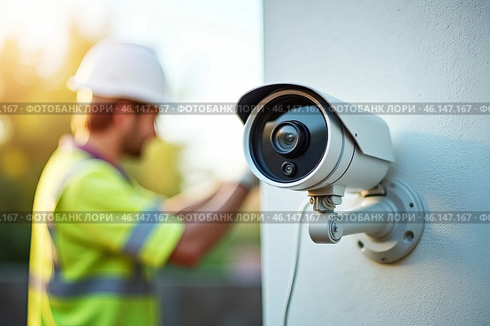 Installed outside at the entrance to a modern house, it provides surveillance and monitoring using a high-definition IP surveillance camera.преступления. Стоковое AI-изображение, AI-художник ketpro.design / Фотобанк Лори