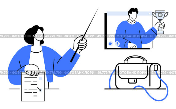 Instructor with pointer and papers teaching, virtual participant holding trophy on screen, and a briefcase. Ideal for online learning, remote training, coaching, webinars, virtual meetings, corporate. Remote training session with instructor holding pointer and virtual participant holding trophy. Стоковая иллюстрация, агентство Ingram Publishing / Фотобанк Лори