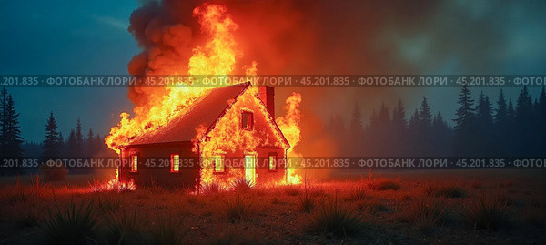 Intense house fire at dusk, rural home engulfed in flames, smoke rising, isolated on field with forest silhouette background, emergency situation. Стоковое AI-изображение, AI-художник Павел Муравьев / Фотобанк Лори
