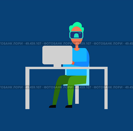 Interactive reality man sitting by laptop wearing special glasses allowing to see different things, innovative technologies on vector illustration. Interactive Reality Man Laptop Vector Illustration. Стоковая иллюстрация, агентство Ingram Publishing / Фотобанк Лори