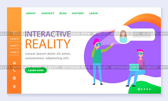 Interactive reality, people using vr glasses and special holograms. Man and woman experience cyberspace advantages and simulation. Website or webpage template, landing page, vector in flat style. Interactive Reality Experience of People, Website. Стоковая иллюстрация, агентство Ingram Publishing / Фотобанк Лори