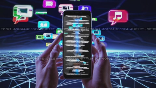 Interactive smartphone app notifications floating in a digital network matrix. Стоковое AI-видео, аниматор Владимир Федоров / Фотобанк Лори