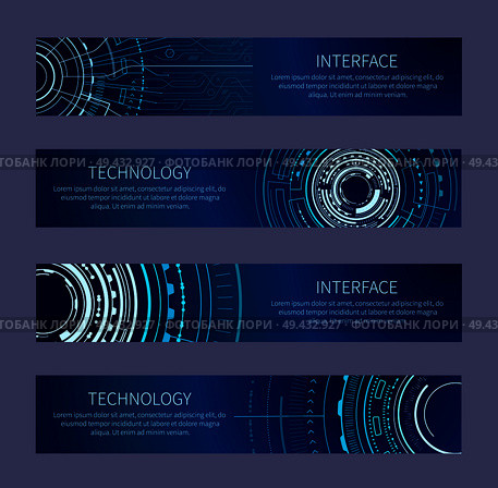 Interface and technology collection of posters with text sample and letterings, images of screens with lines, vector illustration isolated on purple. Interface and Technology Set Vector Illustration. Стоковая иллюстрация, агентство Ingram Publishing / Фотобанк Лори