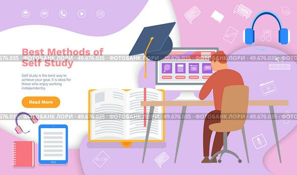Interface of educational website. Online courses, virtual school, internet education. Webpage template, landing page. Man using program for distance learning. Best methods of self study concept. Best methods of self study concept. Man using program for distance learning, online courses. Стоковая иллюстрация, агентство Ingram Publishing / Фотобанк Лори