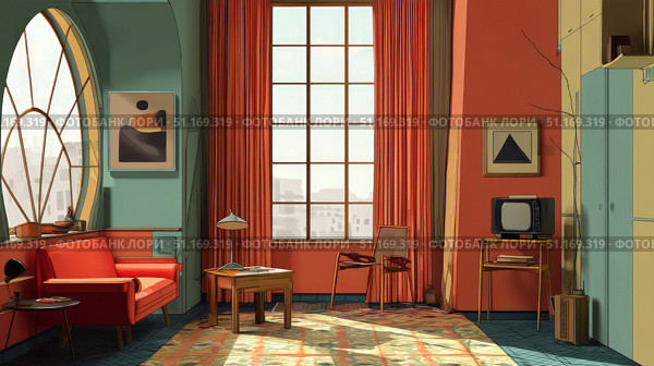 Interior of a cozy room in constructivist style. Стоковое AI-изображение, AI-художник ALLA YURTAYEVA / Фотобанк Лори