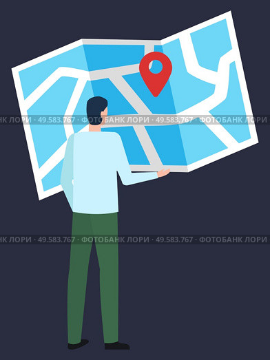 International business and worldwide relations vector, isolated male with map and pointer. Location on paper, pin geotag with important place. Worker making research flat style character at job. International Business, Businessman with Map Point. Стоковая иллюстрация, агентство Ingram Publishing / Фотобанк Лори