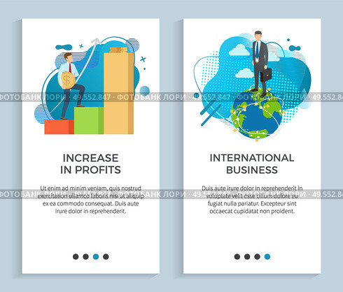 International business vector, businessman holding briefcase standing on planet earth, infocharts and stats, graphs text, relation of company set. Website or app slider, landing page flat style. International Business and Increasing in Profit. Стоковая иллюстрация, агентство Ingram Publishing / Фотобанк Лори