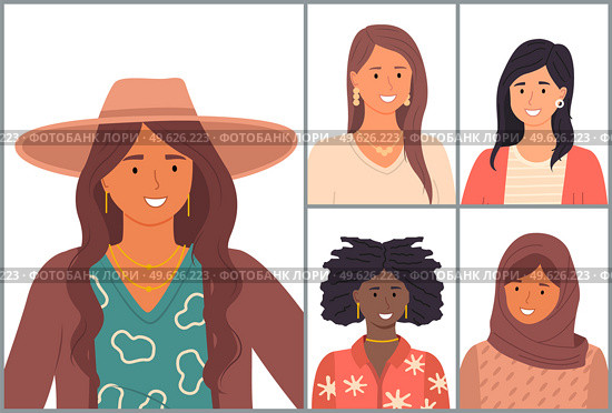 International nationality women avatars. Young girls difference culture. Diverse nations, ethnicity. Latin, hispanic, african, arabic, caucasian. Portraits of pretty girls from different countries. Diverse nations, ethnicity, latin, hispanic, african, arabic, caucasian, portraits of pretty girls. Стоковая иллюстрация, агентство Ingram Publishing / Фотобанк Лори