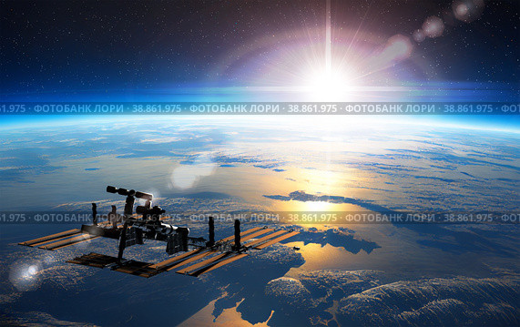 International Space Station ISS Orbiting over Earth. 3D Illustration. Стоковая иллюстрация, иллюстратор Александр Володин / Фотобанк Лори