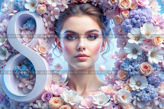 International Women's Day. Banner, flyer. A spring portrait of a beautiful woman in delicate blue and pink flowers and the number 8. Стоковое AI-изображение, AI-художник Photojuli / Фотобанк Лори