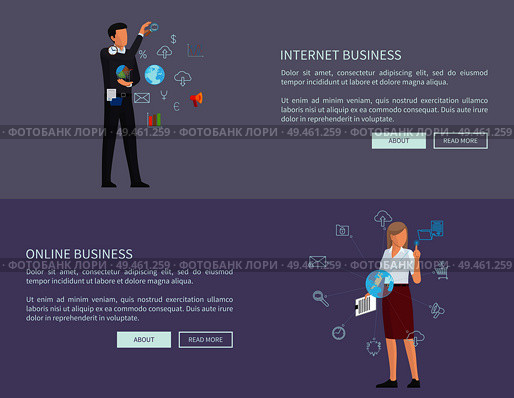 Internet business collection with people choosing options to optimize productivity, icons of globe, magnifying glass, loudspeaker vector illustration. Internet Business Collection Vector Illustration. Стоковая иллюстрация, агентство Ingram Publishing / Фотобанк Лори