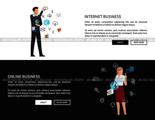 Internet business collection with people choosing options to optimize productivity, icons of globe, magnifying glass, loudspeaker vector illustration. Internet Business Collection Vector Illustration. Стоковая иллюстрация, агентство Ingram Publishing / Фотобанк Лори