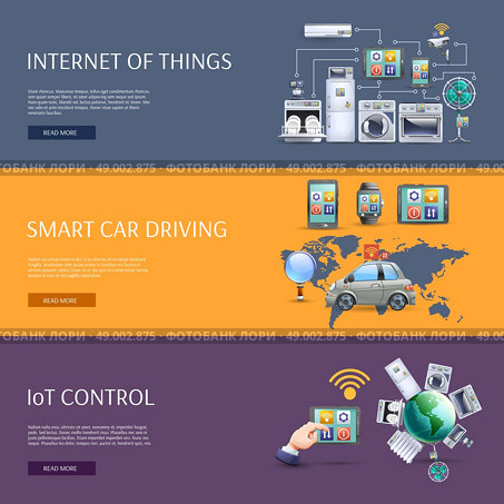 Internet of things flat banners set. Internet of things smart car driving iot control interactive homepage flat banners set abstract isolated vector illustration. Стоковая иллюстрация, агентство Ingram Publishing / Фотобанк Лори