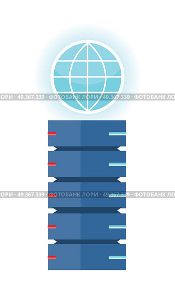 Internet server vector concept in flat design. Computer system for saving and transferring information in network. Data centre with globe sign.  Illustration for hosting companies, clous services ad. Internet Server Vector Concept in Flat Design. Internet Server Vector Concept in Flat Design. Стоковая иллюстрация, агентство Ingram Publishing / Фотобанк Лори