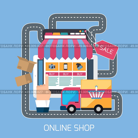 Internet shopping concept smartphone with awning of buying products via online shop store and road with delivery car e-commerce ideas e-commerce symbols sale elements on stylish background. Стоковая иллюстрация, агентство Ingram Publishing / Фотобанк Лори